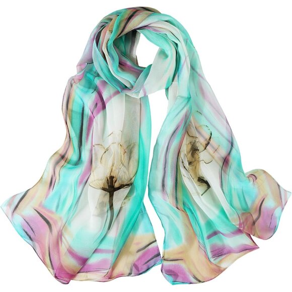 Women's Lake Green Fashion Lightweight Head Scarf Floral Print Chiffon Scarves - Picture 2 of 7